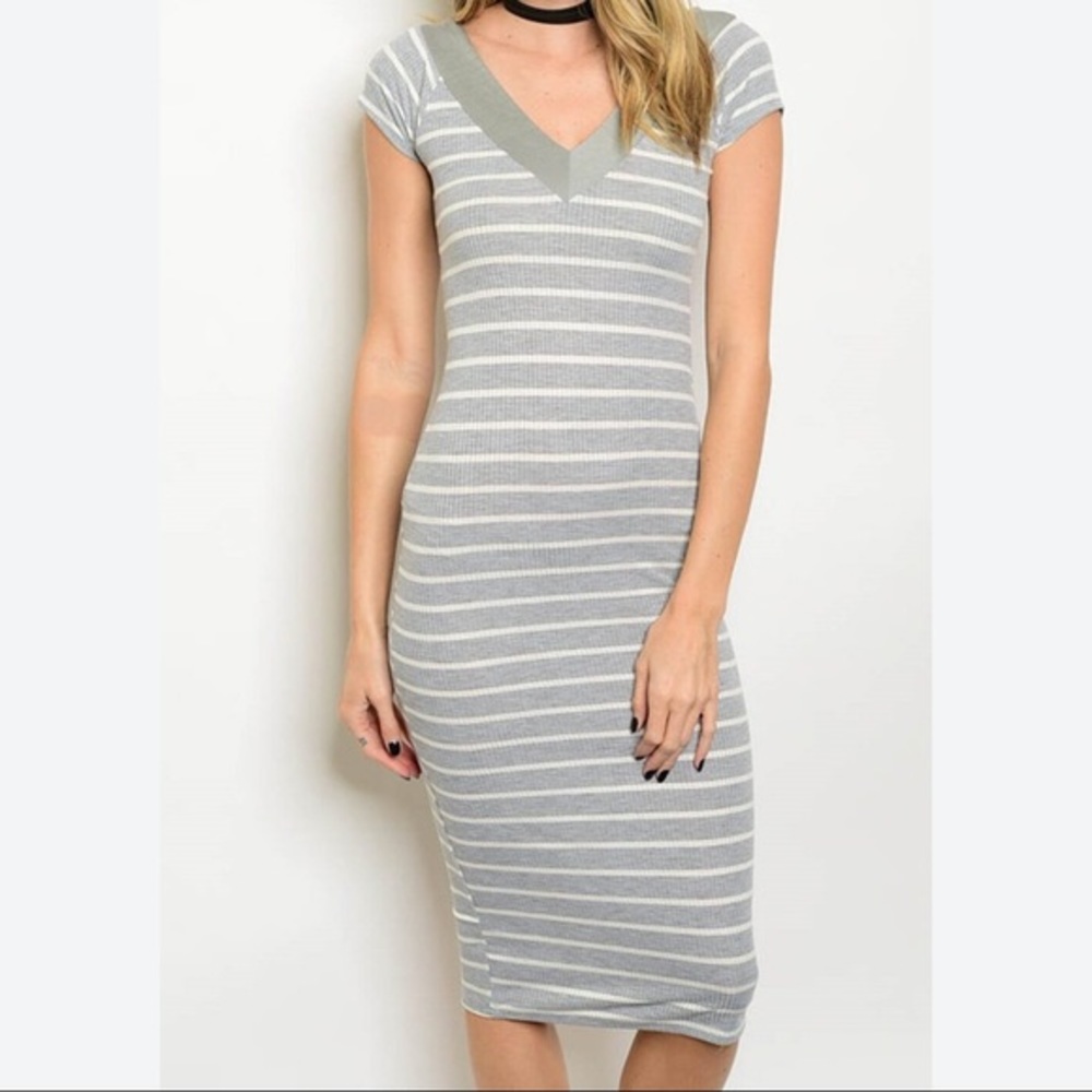 V-Neck Dress-Gray/White Stripe-Various Sizes